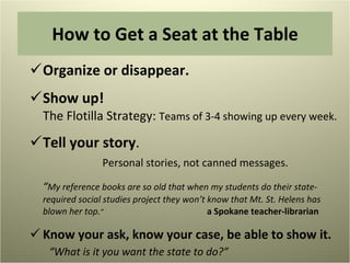 How to Get a Seat at the Table Organize or disappear. Show up!  The Flotilla Strategy:  Teams of 3-4 showing up every week. Tell your story .  Personal stories, not canned messages. “ My reference books are so old that when my students do their state-required social studies project they won’t know that Mt. St. Helens has blown her top. ”    a Spokane teacher-librarian Know your ask, know your case, be able to show it.  “What is it you want the state to do?” 