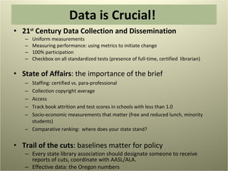 Data is Crucial!  21 st  Century Data Collection and Dissemination Uniform measurements Measuring performance: using metrics to initiate change 100% participation Checkbox on all standardized tests (presence of full-time, certified  librarian) State of Affairs : the importance of the brief Staffing: certified vs. para-professional Collection copyright average  Access Track book attrition and test scores in schools with less than 1.0 Socio-economic measurements that matter (free and reduced lunch, minority students) Comparative ranking:  where does your state stand? Trail of the cuts : baselines matter for policy Every state library association should designate someone to receive reports of cuts, coordinate with AASL/ALA.  Effective data: the Oregon numbers 