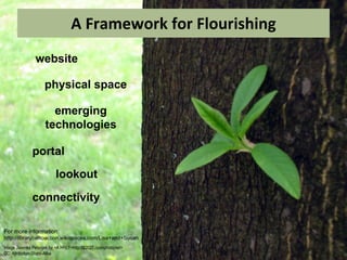 A Framework for Flourishing website physical space emerging technologies portal lookout connectivity Image  Jasenka Petanjek for <A HREF=http://22027.openphoto.net> CC: Attribution-Share-Alike  For more information:  http://librarycalltoaction.wikispaces.com/Lisa+and+Susan 