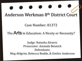Anderson Werkman 8th District Court

            Case Number: 81372

 The Arts in Education: A Nicety or Necessity?

              Judge: Natasha Alvarez
           Prosecutor: Amanda Bennick
                   Defendants:
  Meg Ahlgrim, Rebecca Budde, & Emilee Anderson
 