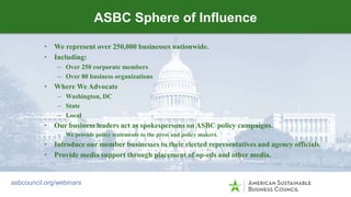 • We represent over 250,000 businesses nationwide.
• Including:
– Over 250 corporate members
– Over 80 business organizations
• Where We Advocate
– Washington, DC
– State
– Local
• Our business leaders act as spokespersons on ASBC policy campaigns.
– We provide policy statements to the press and policy makers.
• Introduce our member businesses to their elected representatives and agency officials.
• Provide media support through placement of op-eds and other media.
ASBC Sphere of Influence
asbcouncil.org/webinars
 