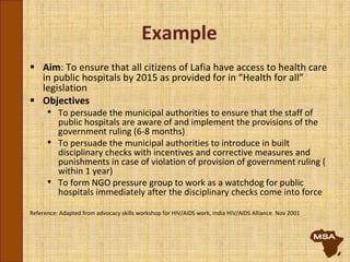 Example
 Aim: To ensure that all citizens of Lafia have access to health care
in public hospitals by 2015 as provided for in “Health for all”
legislation
 Objectives
• To persuade the municipal authorities to ensure that the staff of
public hospitals are aware of and implement the provisions of the
government ruling (6-8 months)
• To persuade the municipal authorities to introduce in built
disciplinary checks with incentives and corrective measures and
punishments in case of violation of provision of government ruling (
within 1 year)
• To form NGO pressure group to work as a watchdog for public
hospitals immediately after the disciplinary checks come into force
Reference: Adapted from advocacy skills workshop for HIV/AIDS work, India HIV/AIDS Alliance. Nov 2001
 