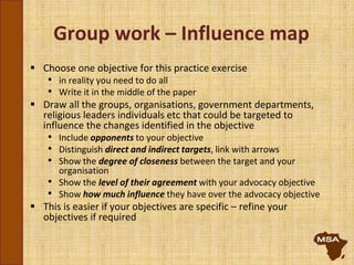 Group work – Influence map
 Choose one objective for this practice exercise
• in reality you need to do all
• Write it in the middle of the paper
 Draw all the groups, organisations, government departments,
religious leaders individuals etc that could be targeted to
influence the changes identified in the objective
• Include opponents to your objective
• Distinguish direct and indirect targets, link with arrows
• Show the degree of closeness between the target and your
organisation
• Show the level of their agreement with your advocacy objective
• Show how much influence they have over the advocacy objective
 This is easier if your objectives are specific – refine your
objectives if required
 