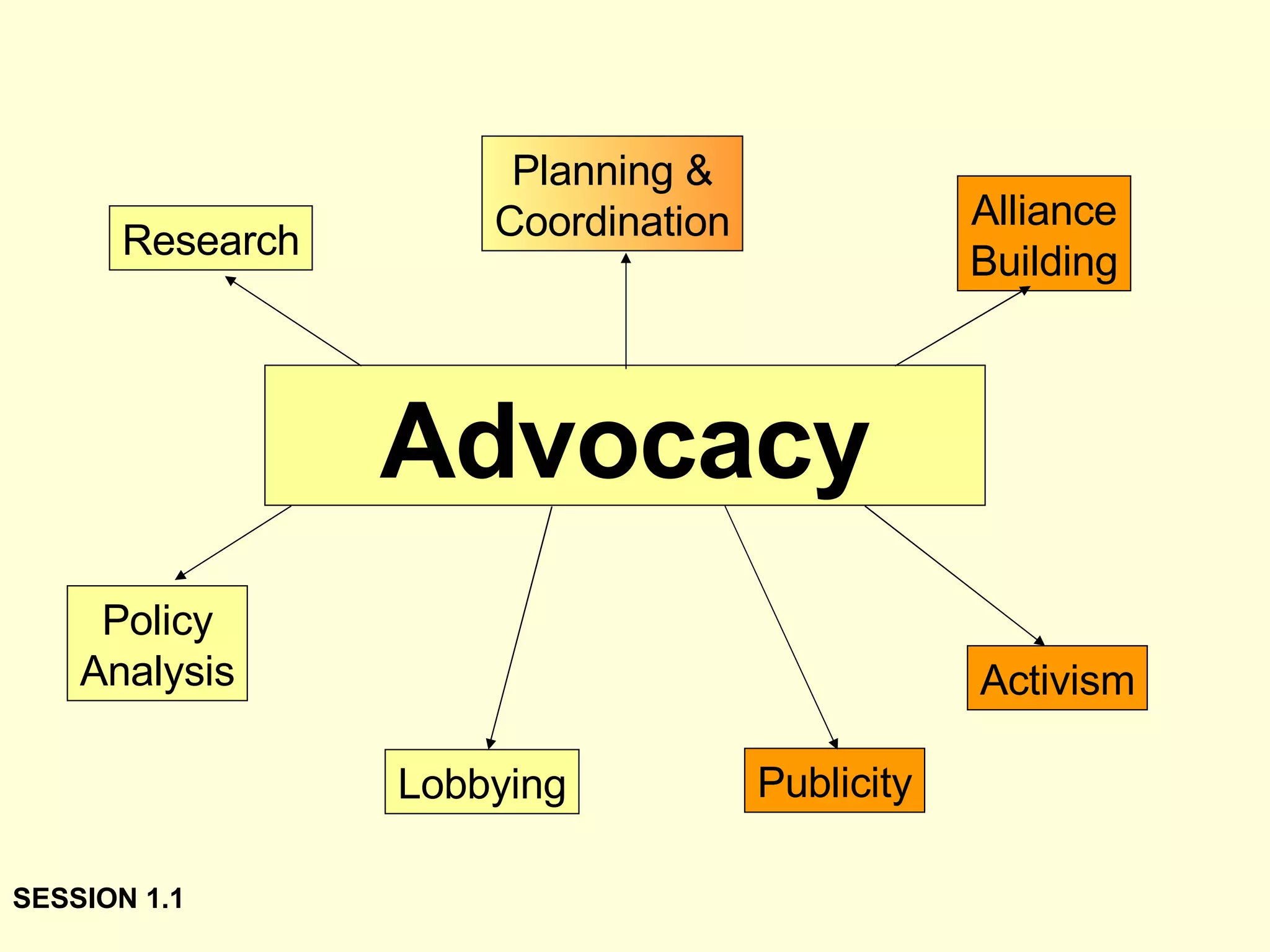 Advocacy Research Policy Analysis Lobbying Alliance Building Planning & Coordination Publicity Activism SESSION 1.1 