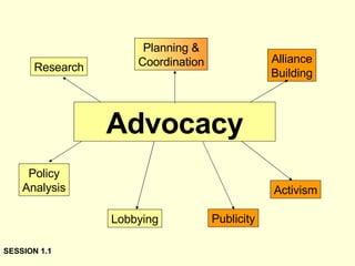 Advocacy Research Policy Analysis Lobbying Alliance Building Planning & Coordination Publicity Activism SESSION 1.1 