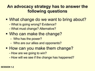 An advocacy strategy has to answer the following questions What change do we want to bring about? - What is going wrong? Evidence? - What must change? Alternative? Who can make the change? Who has the power? Who are our allies and opponents? How can you make them change? - How are we going to win?  - How will we see if the change has happened? SESSION 1.2 
