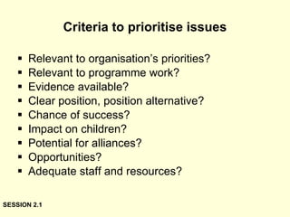 Criteria to prioritise issues Relevant to organisation’s priorities? Relevant to programme work? Evidence available? Clear position, position alternative? Chance of success? Impact on children? Potential for alliances? Opportunities? Adequate staff and resources? SESSION 2.1 