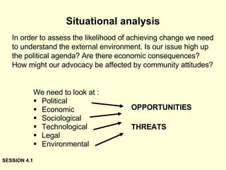 Situational analysis We need to look at : Political Economic Sociological  Technological  Legal Environmental In order to assess the likelihood of achieving change we need to understand the external environment. Is our issue high up the political agenda? Are there economic consequences? How might our advocacy be affected by community attitudes? SESSION 4.1 OPPORTUNITIES THREATS 