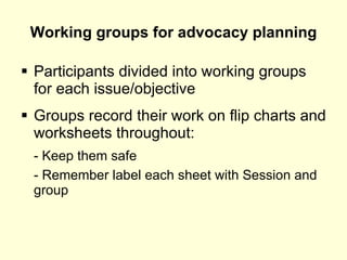 Working groups for advocacy planning Participants divided into working groups for each issue/objective Groups record their work on flip charts and worksheets throughout: - Keep them safe - Remember label each sheet with Session and  group 