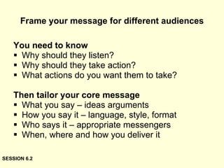 Frame your message for different audiences You need to know Why should they listen? Why should they take action? What actions do you want them to take? Then tailor your core message  What you say – ideas arguments How you say it – language, style, format Who says it – appropriate messengers When, where and how you deliver it SESSION 6.2 