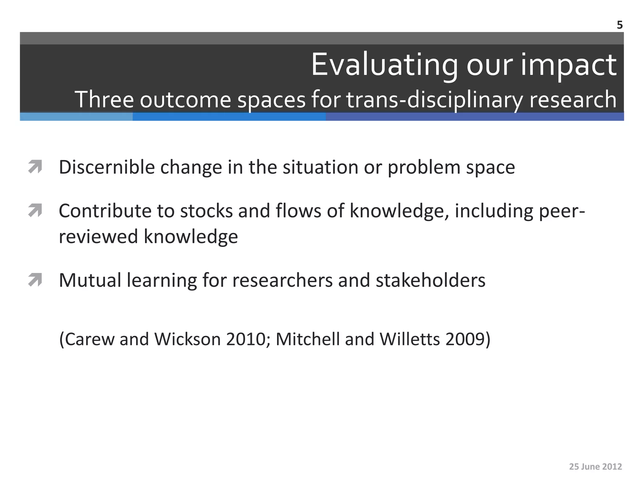 5


                                 Evaluating our impact
     Three outcome spaces for trans-disciplinary research

 Discernible change in the situation or problem space

 Contribute to stocks and flows of knowledge, including peer-
   reviewed knowledge

 Mutual learning for researchers and stakeholders


   (Carew and Wickson 2010; Mitchell and Willetts 2009)




                                                            25 June 2012
 