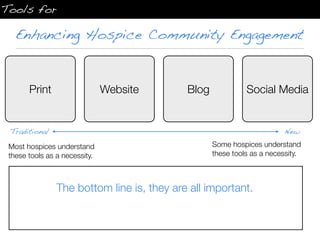Tools for

   Enhancing Hospice Community Engagement


       Print                   Website      Blog             Social Media


 Traditional                                                            New

 Most hospices understand                          Some hospices understand
 these tools as a necessity.                       these tools as a necessity.



                The bottom line is, they are all important.
 