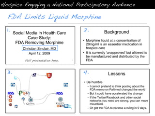 Hospice Engaging a National Participatory Audience

  FDA Limits Liquid Morphine
  1.                               2.



         Full presentation here.



  3.                               4.
 