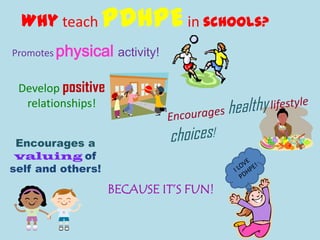 Why teach PDHPEin schools?
Promotes physical activity!
Develop positive
relationships!
Encourages a
valuing of
self and others!
BECAUSE IT’S FUN!
 