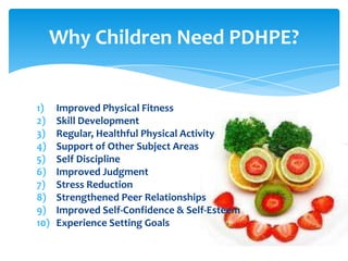 Improved Physical Fitness Skill Development Regular, Healthful Physical Activity Support of Other Subject Areas Self Discipline Improved Judgment Stress Reduction Strengthened Peer Relationships Improved Self-Confidence & Self-Esteem Experience Setting Goals Why Children Need PDHPE? 