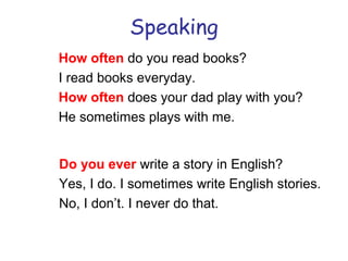 Speaking
How often do you read books?
I read books everyday.
How often does your dad play with you?
He sometimes plays with me.
Do you ever write a story in English?
Yes, I do. I sometimes write English stories.
No, I don’t. I never do that.
 