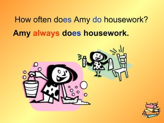 How often does Amy do housework?
Amy always does housework.
 