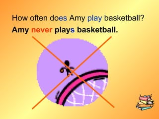 How often does Amy play basketball?
Amy never plays basketball.
 