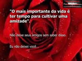 "O mais importante da vida é ter tempo para cultivar uma amizade". Não deixe seus amigos sem saber disso. Eu não deixei você... 