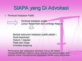 SIAPA yang Di Advokasi


Pembuat Kebijakan Publik

Pembuat kebijakan publik
(unsur Pemerintah dan Lembaga Negara)

Bentuk instrumen kebijakan publik adalah :
Surat keputusan
Hukum / regulasi
Pajak dan harga
Investasi langsung
Perencama dan pelaksana advokasi harus jeli dalam
mengindentifikasi instansi yang mempunyai kewenangan dan
potensi untuk mengeluarkan kebijakan publik yang diinginkan.

 