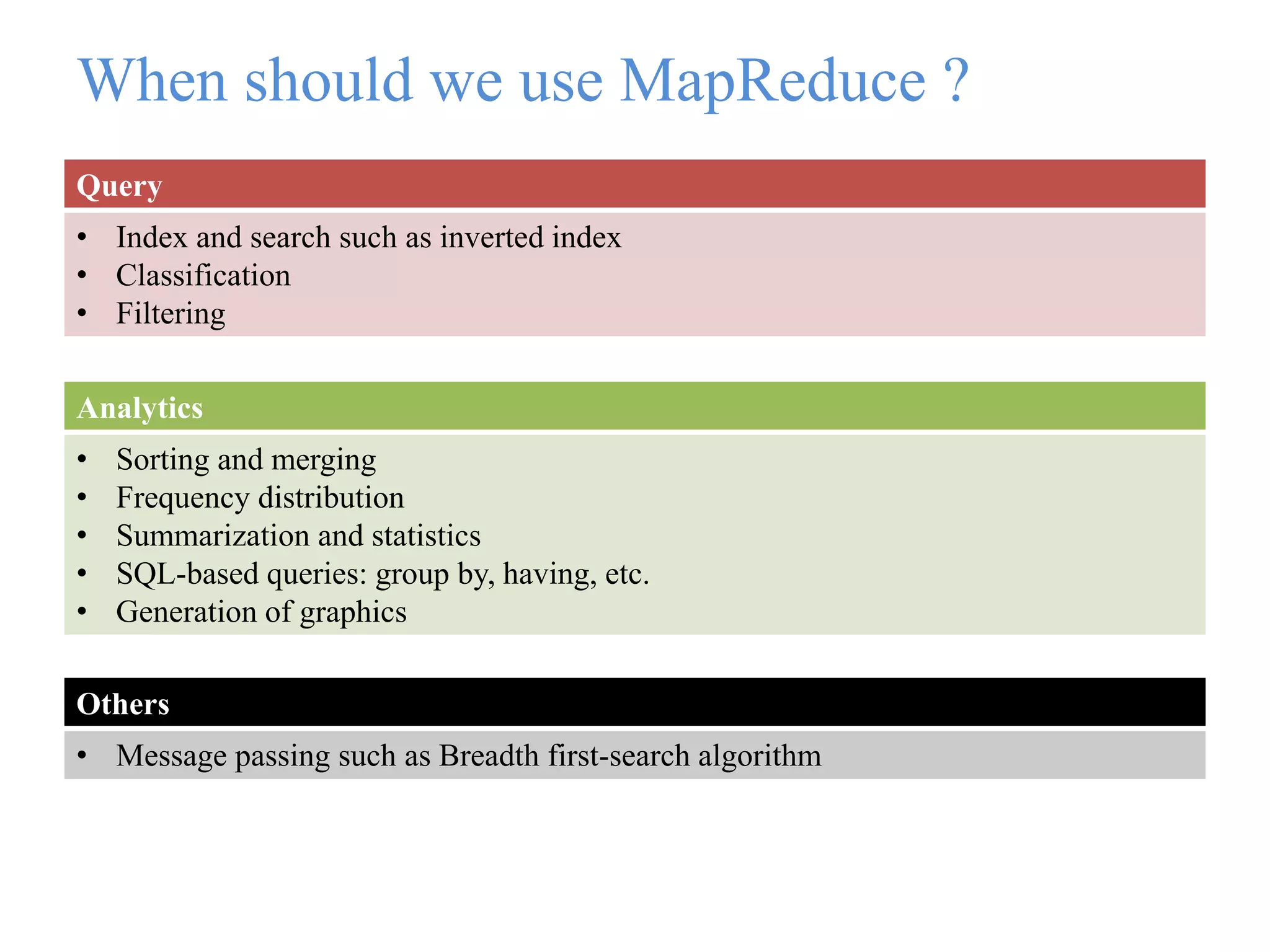 When should we use MapReduce ?
Query
• Index and search such as inverted index
• Classification
• Filtering
Analytics
• Sorting and merging
• Frequency distribution
• Summarization and statistics
• SQL-based queries: group by, having, etc.
• Generation of graphics
Others
• Message passing such as Breadth first-search algorithm
 