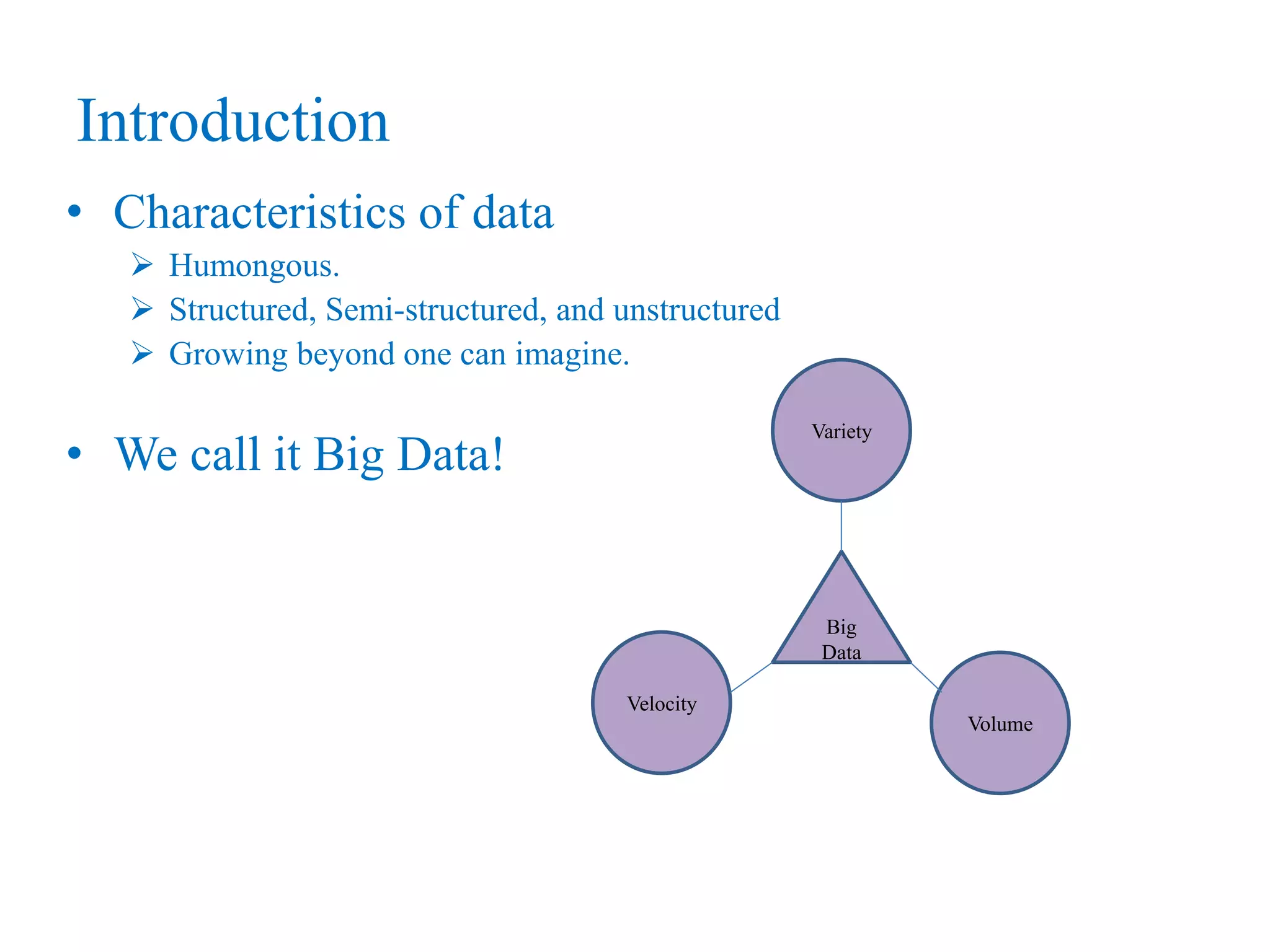 • Characteristics of data
 Humongous.
 Structured, Semi-structured, and unstructured
 Growing beyond one can imagine.
• We call it Big Data!
Introduction
Velocity
Variety
Volume
Big
Data
 