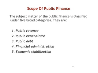 Scope Of Public Finance
The subject matter of the public finance is classified
under five broad categories. They are:
1. Public revenue
2. Public expenditure
3. Public debt
4. Financial administration
5. Economic stabilization
20
 