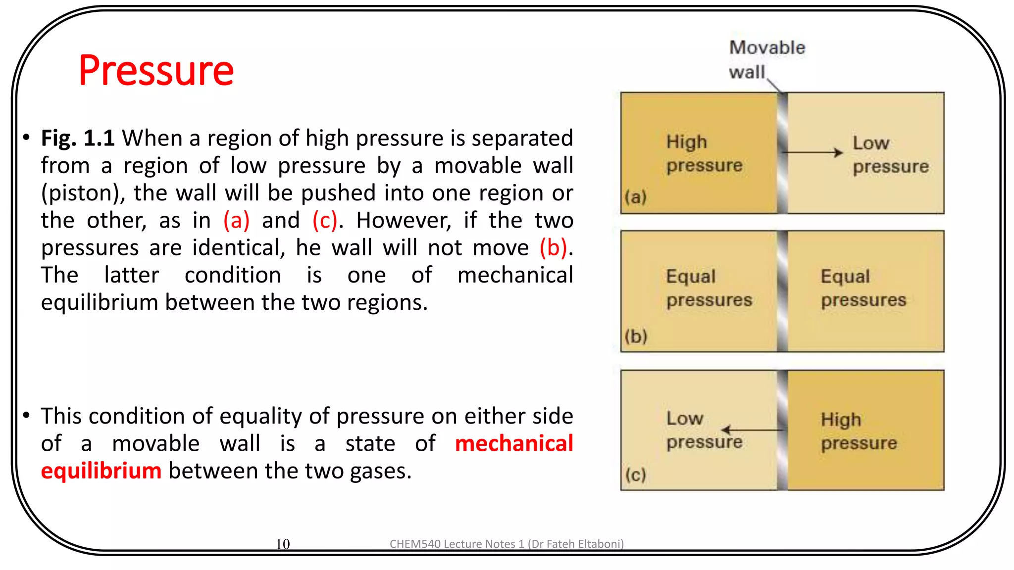 Pressure
• Fig. 1.1 When a region of high pressure is separated
from a region of low pressure by a movable wall
(piston), the wall will be pushed into one region or
the other, as in (a) and (c). However, if the two
pressures are identical, he wall will not move (b).
The latter condition is one of mechanical
equilibrium between the two regions.
• This condition of equality of pressure on either side
of a movable wall is a state of mechanical
equilibrium between the two gases.
10 CHEM540 Lecture Notes 1 (Dr Fateh Eltaboni)
 