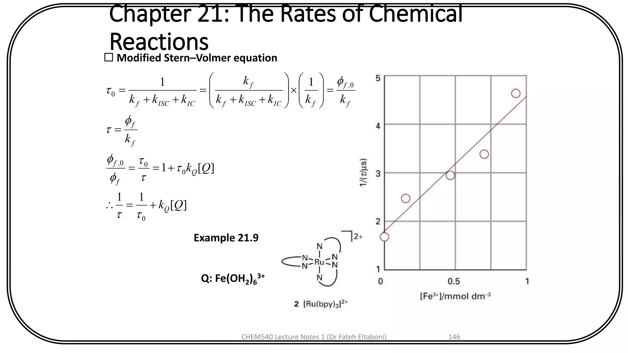 Chapter 21: The Rates of Chemical
Reactions Modified Stern–Volmer equation
][
11
][1
11
0
0
00,
0,
0
Qk
Qk
k
kkkkk
k
kkk
Q
Q
f
f
f
f
f
f
fICISCf
f
ICISCf
+=
+==
=
=

















++
=
++
=










Example 21.9
Q: Fe(OH2)6
3+
CHEM540 Lecture Notes 1 (Dr Fateh Eltaboni) 146
 