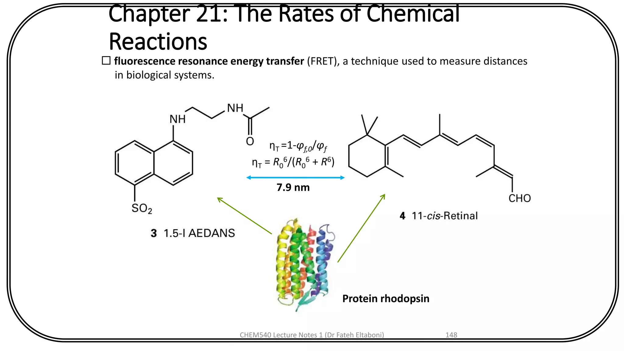 Chapter 21: The Rates of Chemical
Reactions
 fluorescence resonance energy transfer (FRET), a technique used to measure distances
in biological systems.
ηT = R0
6/(R0
6 + R6)
7.9 nm
Protein rhodopsin
ηT =1-φf,0/φf
CHEM540 Lecture Notes 1 (Dr Fateh Eltaboni) 148
 
