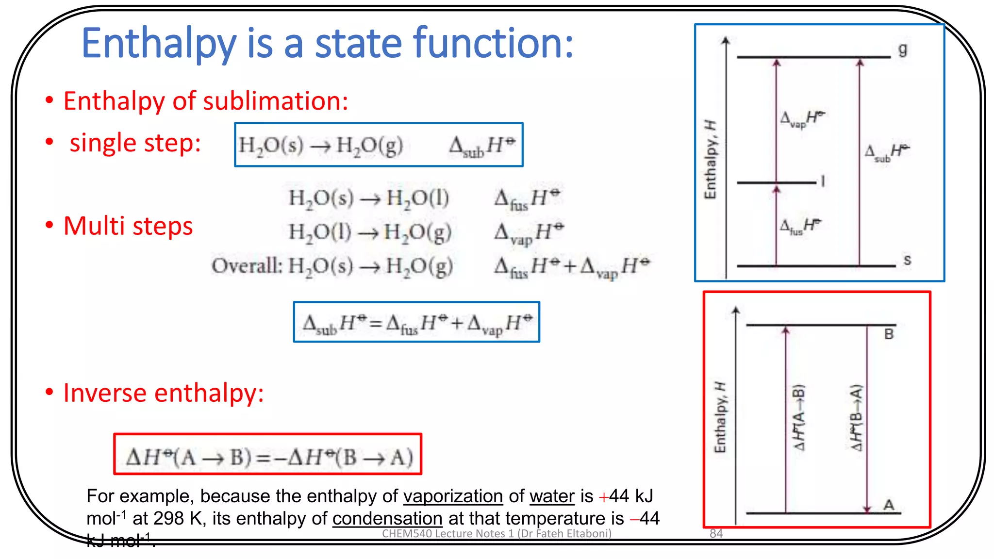 Enthalpy is a state function:
• Enthalpy of sublimation:
• single step:
• Multi steps
• Inverse enthalpy:
CHEM540 Lecture Notes 1 (Dr Fateh Eltaboni) 84
For example, because the enthalpy of vaporization of water is +44 kJ
mol-1 at 298 K, its enthalpy of condensation at that temperature is -44
kJ mol-1.
 