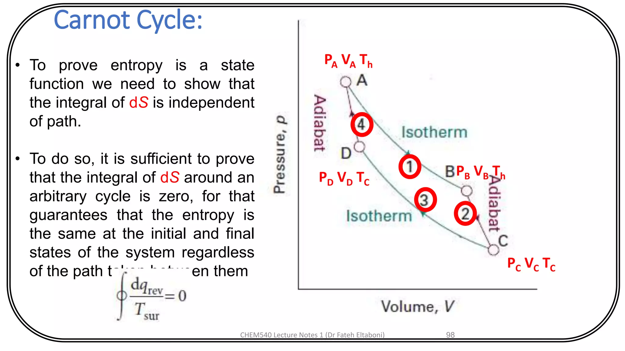 Carnot Cycle:
CHEM540 Lecture Notes 1 (Dr Fateh Eltaboni) 98
PA VA Th
PB VB Th
PC VC TC
PD VD TC
• To prove entropy is a state
function we need to show that
the integral of dS is independent
of path.
• To do so, it is sufficient to prove
that the integral of dS around an
arbitrary cycle is zero, for that
guarantees that the entropy is
the same at the initial and final
states of the system regardless
of the path taken between them
 