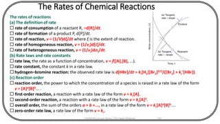 The Rates of Chemical Reactions
The rates of reactions
(a) The definition of rate
 rate of consumption of a reactant R, –d[R]/dt.
 rate of formation of a product P, d[P]/dt.
 rate of reaction, v = (1/V)dξ/dt where ξ is the extent of reaction.
 rate of homogeneous reaction, v = (1/vJ)d[J]/dt.
 rate of heterogeneous reaction, v = (1/vJ)dσJ/dt.
(b) Rate laws and rate constants
 rate law, the rate as a function of concentration, v = f([A],[B], ...).
 rate constant, the constant k in a rate law.
 hydrogen–bromine reaction: the observed rate law is d[HBr]/dt = kr[H2][Br2]3/2/([Br2] + kr[HBr]).
(c) Reaction order
 reaction order, the power to which the concentration of a species is raised in a rate law of the form
v = [A]a[B]b... .
 first-order reaction, a reaction with a rate law of the form v = kr[A].
 second-order reaction, a reaction with a rate law of the form v = kr[A]2.
 overall order, the sum of the orders a + b +..., in a rate law of the form v = kr[A]a[B]b....
 zero-order rate law, a rate law of the form v = kr.
CHEM540 Lecture Notes 1 (Dr Fateh Eltaboni) 120
 