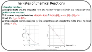 The Rates of Chemical Reactions
Integrated rate laws
integrated rate law, the integrated form of a rate law for concentration as a function of time.
(a) First-order reactions
 first-order integrated rate law, -d[A]/dt= kr[A] ln([A]/[A]0) = –krt, [A] = [A]0e–krt.
 half life, t1/2 = (ln 2)/kr.
 time constant, the time required for the concentration of a reactant to fall to 1/e of its initial
value,τ = 1/kr.
Example 21.3
CHEM540 Lecture Notes 1 (Dr Fateh Eltaboni) 123
 
