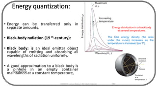 Energy quantization:
• Energy can be transferred only in
separate amounts.
• Black-body radiation (19 th-century):
• Black body: is an ideal emitter object
capable of emitting and absorbing all
wavelengths of radiation uniformly.
• A good approximation to a black body is
a pinhole in an empty container
maintained at a constant temperature,
CHEM540 Lecture Notes 1 (Dr Fateh Eltaboni) 154
Energy distribution in a blackbody
at several temperatures.
The total energy density (the area
under the curve) increases as the
temperature is increased (as T4).
 