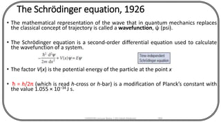The Schrödinger equation, 1926
• The mathematical representation of the wave that in quantum mechanics replaces
the classical concept of trajectory is called a wavefunction, ψ (psi).
• The Schrödinger equation is a second-order differential equation used to calculate
the wavefunction of a system.
• The factor V(x) is the potential energy of the particle at the point x
• ħ = h/2π (which is read h-cross or h-bar) is a modification of Planck’s constant with
the value 1.055 × 10−34 J s.
CHEM540 Lecture Notes 1 (Dr Fateh Eltaboni) 164
 