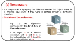 (c) Temperature
• The temperature is a property that indicates whether two objects would be
in ‘thermal equilibrium’ if they were in contact through a diathermic
boundary.
• Zeroth Law of thermodynamics:
17
Fig. 1.3 The experience
summarized by the Zeroth Law of
thermodynamics:
if an object A is in thermal
equilibrium with B and B is in
thermal equilibrium with C, then C is
in thermal equilibrium with A.CHEM540 Lecture Notes 1 (Dr Fateh Eltaboni)
 