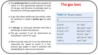 The gas laws
25
 The perfect gas law (or perfect gas equation of
state). It is the approximate equation of state
of any gas, and becomes increasingly exact as
the pressure of the gas approaches zero.
 A gas that obeys perfect gas law exactly under
all conditions is called a perfect gas (or ideal
gas).
 A real gas, an actual gas, behaves more like a
perfect gas at lower the pressure.
 The gas constant R can be determined by
evaluating R = pV/nT for a gas.
 More accurate value for R can be obtained by
measuring the speed of sound in a low-
pressure gas (argon is used in practice) and
extrapolating its value to zero pressure.
CHEM540 Lecture Notes 1 (Dr Fateh Eltaboni)
 