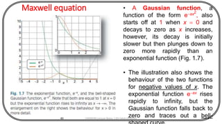 Maxwell equation
40
• A Gaussian function, a
function of the form e-ax2
, also
starts off at 1 when x = 0 and
decays to zero as x increases,
however, its decay is initially
slower but then plunges down to
zero more rapidly than an
exponential function (Fig. 1.7).
• The illustration also shows the
behaviour of the two functions
for negative values of x. The
exponential function e-ax rises
rapidly to infinity, but the
Gaussian function falls back to
zero and traces out a bell-CHEM540 Lecture Notes 1 (Dr Fateh Eltaboni)
 