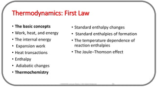 Thermodynamics: First Law
• The basic concepts
• Work, heat, and energy
• The internal energy
• Expansion work
• Heat transactions
• Enthalpy
• Adiabatic changes
• Thermochemistry
CHEM540 Lecture Notes 1 (Dr Fateh Eltaboni) 54
• Standard enthalpy changes
• Standard enthalpies of formation
• The temperature dependence of
reaction enthalpies
• The Joule–Thomson effect
 