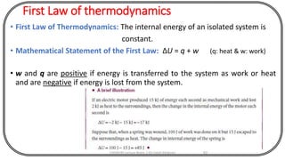 First Law of thermodynamics
• First Law of Thermodynamics: The internal energy of an isolated system is
constant.
• Mathematical Statement of the First Law: ΔU = q + w (q: heat & w: work)
• w and q are positive if energy is transferred to the system as work or heat
and are negative if energy is lost from the system.
CHEM540 Lecture Notes 1 (Dr Fateh Eltaboni) 62
 
