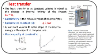 Heat transfer
• The heat transfer as at constant volume is equal to
the change in internal energy of the system.
∆U = qv
• Calorimetry is the measurement of heat transfer.
• Calorimeter constant (C): q = CΔT
• At constant volume C is the slope of the internal
energy with respect to temperature.
• Heat capacity at constant V:
CHEM540 Lecture Notes 1 (Dr Fateh Eltaboni) 69
 