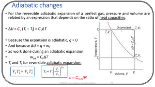 Adiabatic changes
• For the reversible adiabatic expansion of a perfect gas, pressure and volume are
related by an expression that depends on the ratio of heat capacities.
• ΔU = CV (Tf − Ti) = CVΔT
• Because the expansion is adiabatic, q = 0
• And because ΔU = q + w,
• So work done during an adiabatic expansion
• wad = CVΔT
• Ti and Tf for reversible adiabatic expansion:
CHEM540 Lecture Notes 1 (Dr Fateh Eltaboni) 79
c = CV,m/R
 