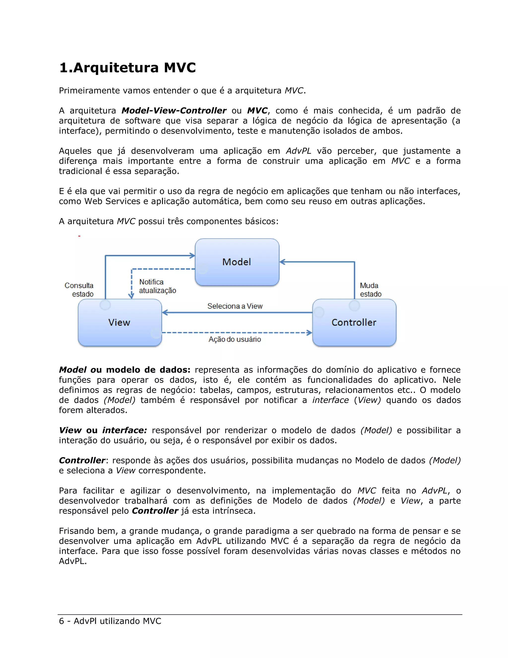 1.Arquitetura MVC
Primeiramente vamos entender o que é a arquitetura MVC.

A arquitetura Model-View-Controller ou MVC, como é mais conhecida, é um padrão de
arquitetura de software que visa separar a lógica de negócio da lógica de apresentação (a
interface), permitindo o desenvolvimento, teste e manutenção isolados de ambos.

Aqueles que já desenvolveram uma aplicação em AdvPL vão perceber, que justamente a
diferença mais importante entre a forma de construir uma aplicação em MVC e a forma
tradicional é essa separação.

E é ela que vai permitir o uso da regra de negócio em aplicações que tenham ou não interfaces,
como Web Services e aplicação automática, bem como seu reuso em outras aplicações.

A arquitetura MVC possui três componentes básicos:




Model ou modelo de dados: representa as informações do domínio do aplicativo e fornece
funções para operar os dados, isto é, ele contém as funcionalidades do aplicativo. Nele
definimos as regras de negócio: tabelas, campos, estruturas, relacionamentos etc.. O modelo
de dados (Model) também é responsável por notificar a interface (View) quando os dados
forem alterados.

View ou interface: responsável por renderizar o modelo de dados (Model) e possibilitar a
interação do usuário, ou seja, é o responsável por exibir os dados.

Controller: responde às ações dos usuários, possibilita mudanças no Modelo de dados (Model)
e seleciona a View correspondente.

Para facilitar e agilizar o desenvolvimento, na implementação do MVC feita no AdvPL, o
desenvolvedor trabalhará com as definições de Modelo de dados (Model) e View, a parte
responsável pelo Controller já esta intrínseca.

Frisando bem, a grande mudança, o grande paradigma a ser quebrado na forma de pensar e se
desenvolver uma aplicação em AdvPL utilizando MVC é a separação da regra de negócio da
interface. Para que isso fosse possível foram desenvolvidas várias novas classes e métodos no
AdvPL.




6 - AdvPl utilizando MVC
 