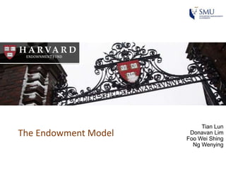 H A RVA R D
ENDOWNMENT FUND
Tian Lun
Donavan Lim
Foo Wei Shing
Ng Wenying
The Endowment Model
 