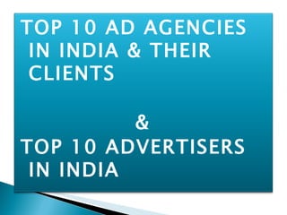 TOP 10 AD AGENCIES IN INDIA & THEIR CLIENTS & TOP 10 ADVERTISERS IN INDIA 