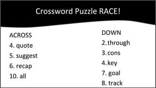 Crossword Puzzle RACE! ACROSS 4. quote 5. suggest 6. recap 10. all DOWN through cons key 7. goal 8. track 