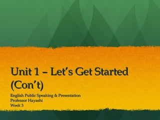 Unit 1 – Let’s Get Started (Con’t) English Public Speaking & Presentation Professor Hayashi Week 3 