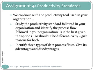  We continue with the productivity tool used in your
                       organization…
                     1. Study the productivity standard followed in your
                         organization and identify the process flow
                         followed in your organization. Is it the best given
                         the options… or should it be different? Why – give
                         reasons for both.
                     2. Identify three types of data process flows. Give its
                         advantages and disadvantages.
Susmita Pruthi




                 1   NU TA 521 | Assignment 4 | Productivity Standards, Process Flows
 