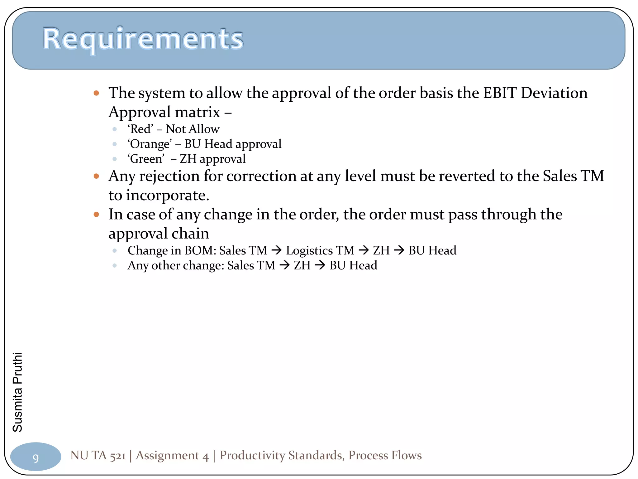  The system to allow the approval of the order basis the EBIT Deviation
                           Approval matrix –
                             ‘Red’ – Not Allow
                             ‘Orange’ – BU Head approval
                             ‘Green’ – ZH approval
                          Any rejection for correction at any level must be reverted to the Sales TM
                           to incorporate.
                          In case of any change in the order, the order must pass through the
                           approval chain
                             Change in BOM: Sales TM  Logistics TM  ZH  BU Head
                             Any other change: Sales TM  ZH  BU Head
Susmita Pruthi




                 9   NU TA 521 | Assignment 4 | Productivity Standards, Process Flows
 